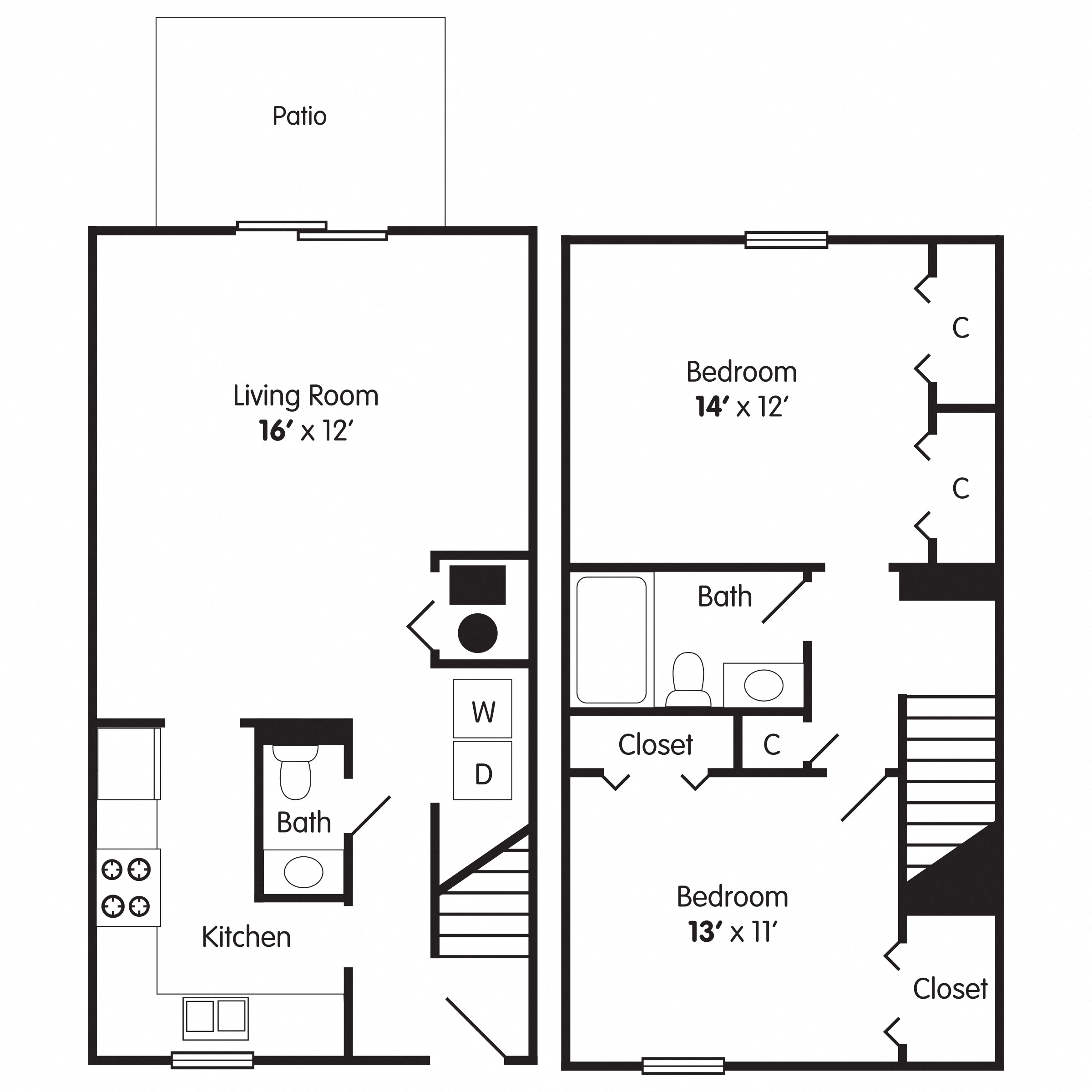 Floor plan for 2 beds, 1.5 baths, 989 sqft